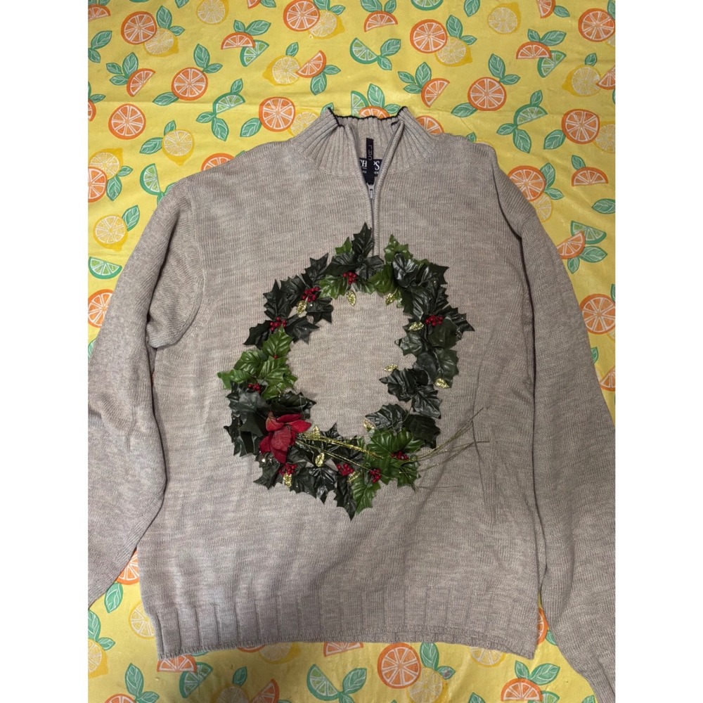 Christmas Mens Chaps Ralph Lauren Wreath Quarter Zip‎ Sweater XL Beige